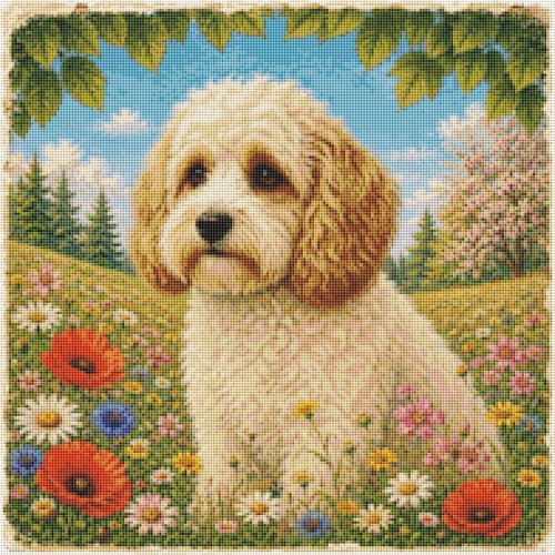 Cavachon puppy dog - in, summer